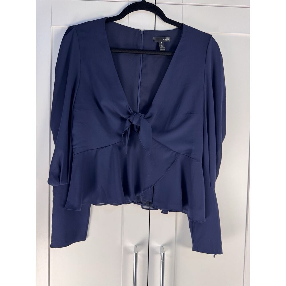 Aqua Blouse Womens Blue Tie Front Peplum Long Sleeve Dressy Casual Top - M